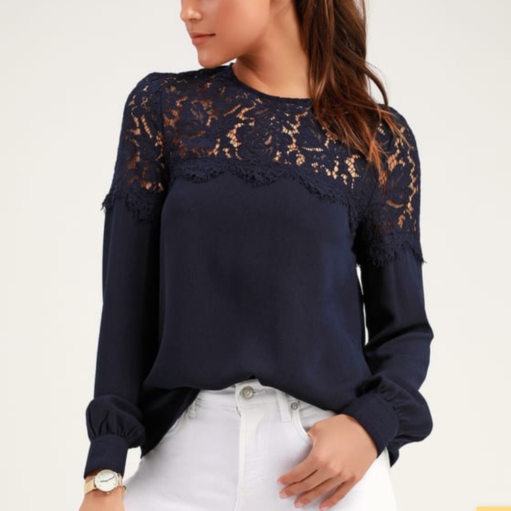 Picture This Navy Blue Long Sleeve Lace Top